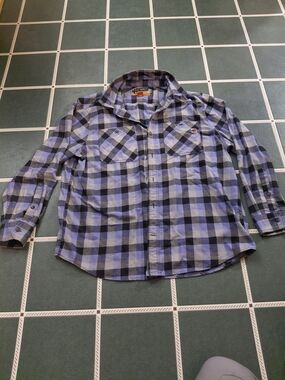 Duluth Trading Co Blue and Black Plaid Button-Down Shirt